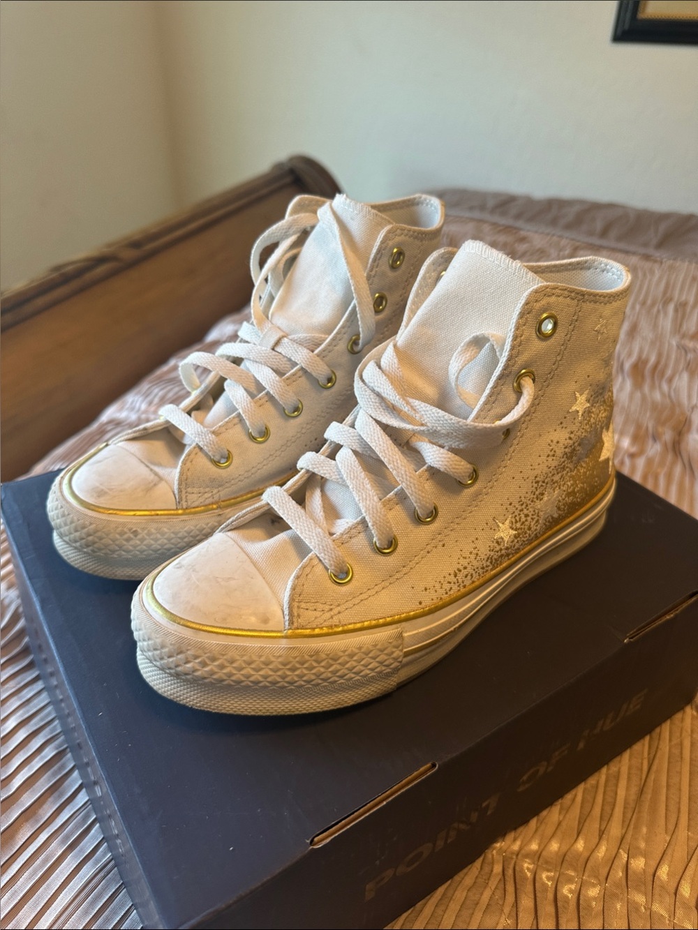 Converse Kids High-Top Sneakers in White with Gold Details